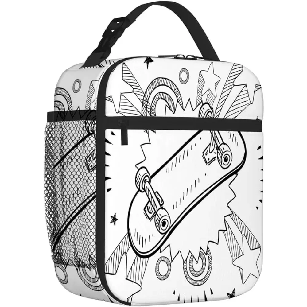 Hipster Pattern,Lunch Box for Men Women,Sketch of A Skateboard Pop Art,Insulated Reusable Portable Lunchbox Adults for Work