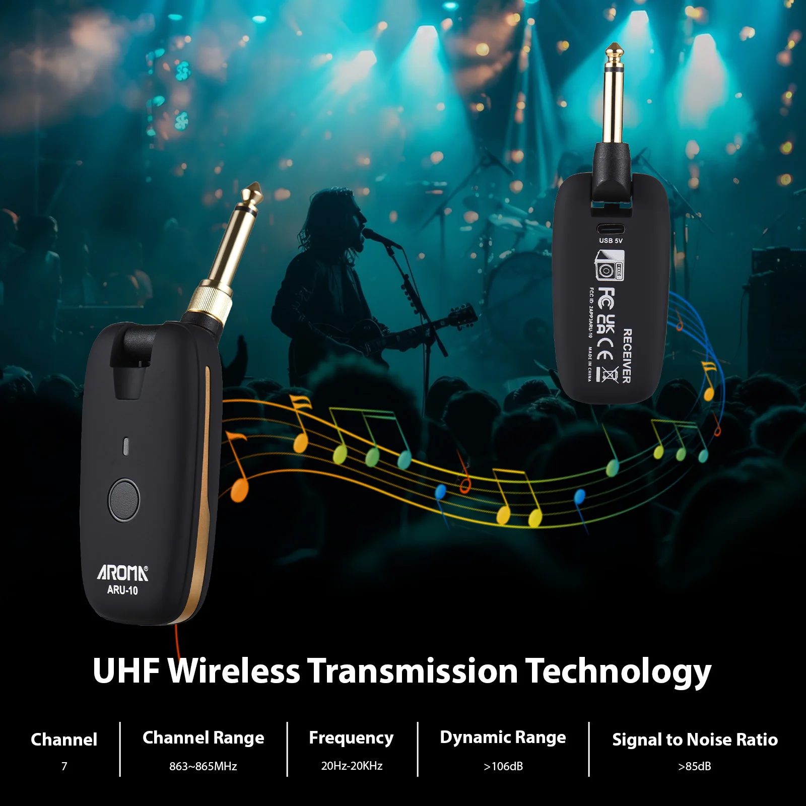 

AROMA Wireless Guitar System Rechargeable Portable UHF Guitar Transmitter Receiver Set for Electric Guitar Bass Transmission