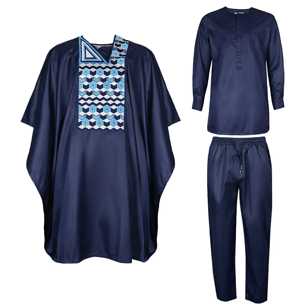 

New African Clothes for Men Dashiki Tradition Outfit Robe Embroidery Green Tops Pants Suits Bazin Muslim Wedding Party Clothing