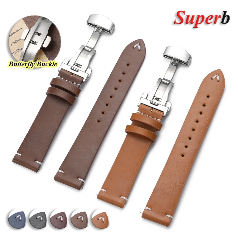 خمر النفط الشمع بولي Leather الجلود حزام الساعات 18 مللي متر 20 مللي متر 22 مللي متر معصمه خياطة حزام لأوميغا ل Seiko حزام (استيك) ساعة فراشة المشبك