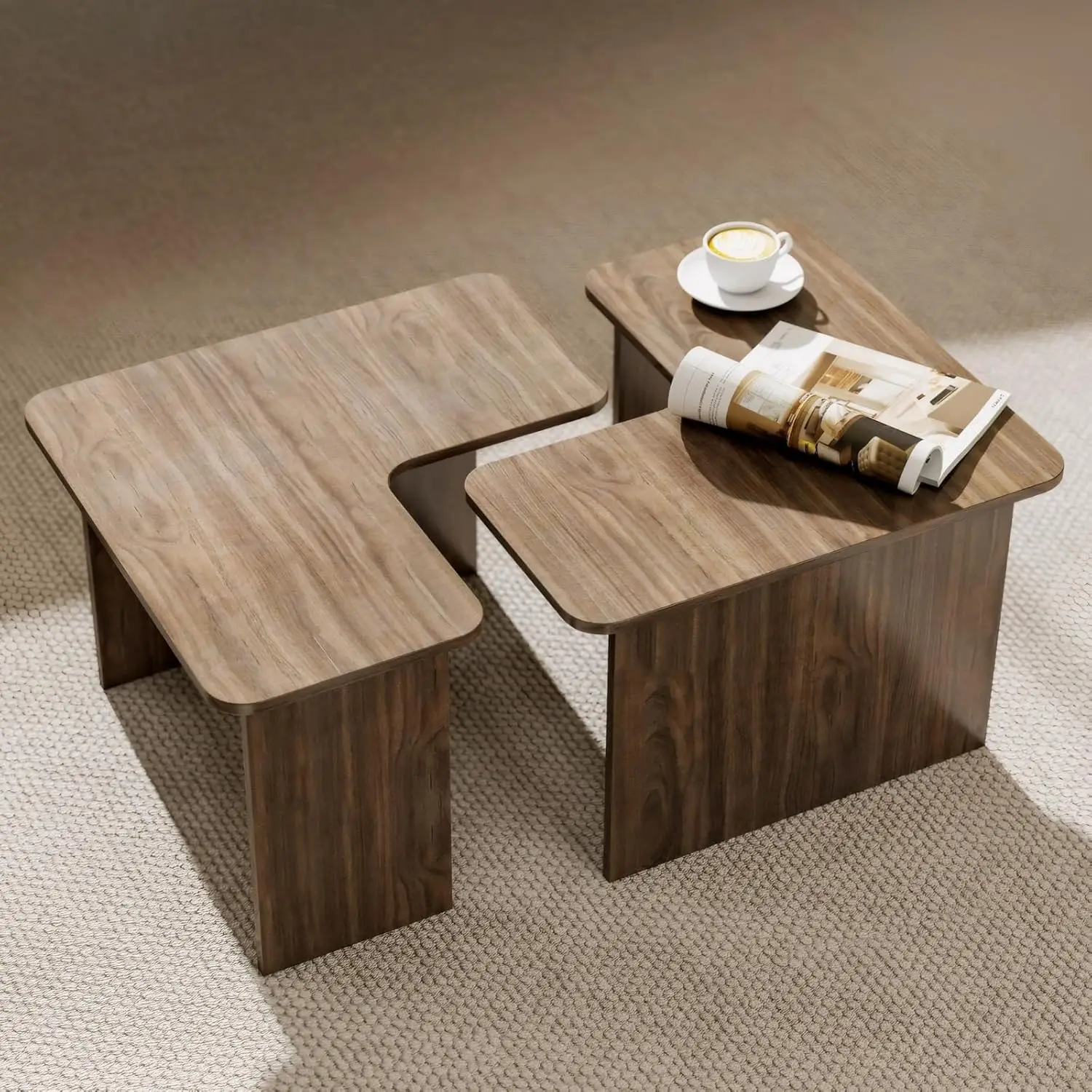 

Modern Nesting Coffee Table Set Of 2, Walnut Wooden L-Shape Square Coffee Table, Small Center Table End Table Sets With Rustic