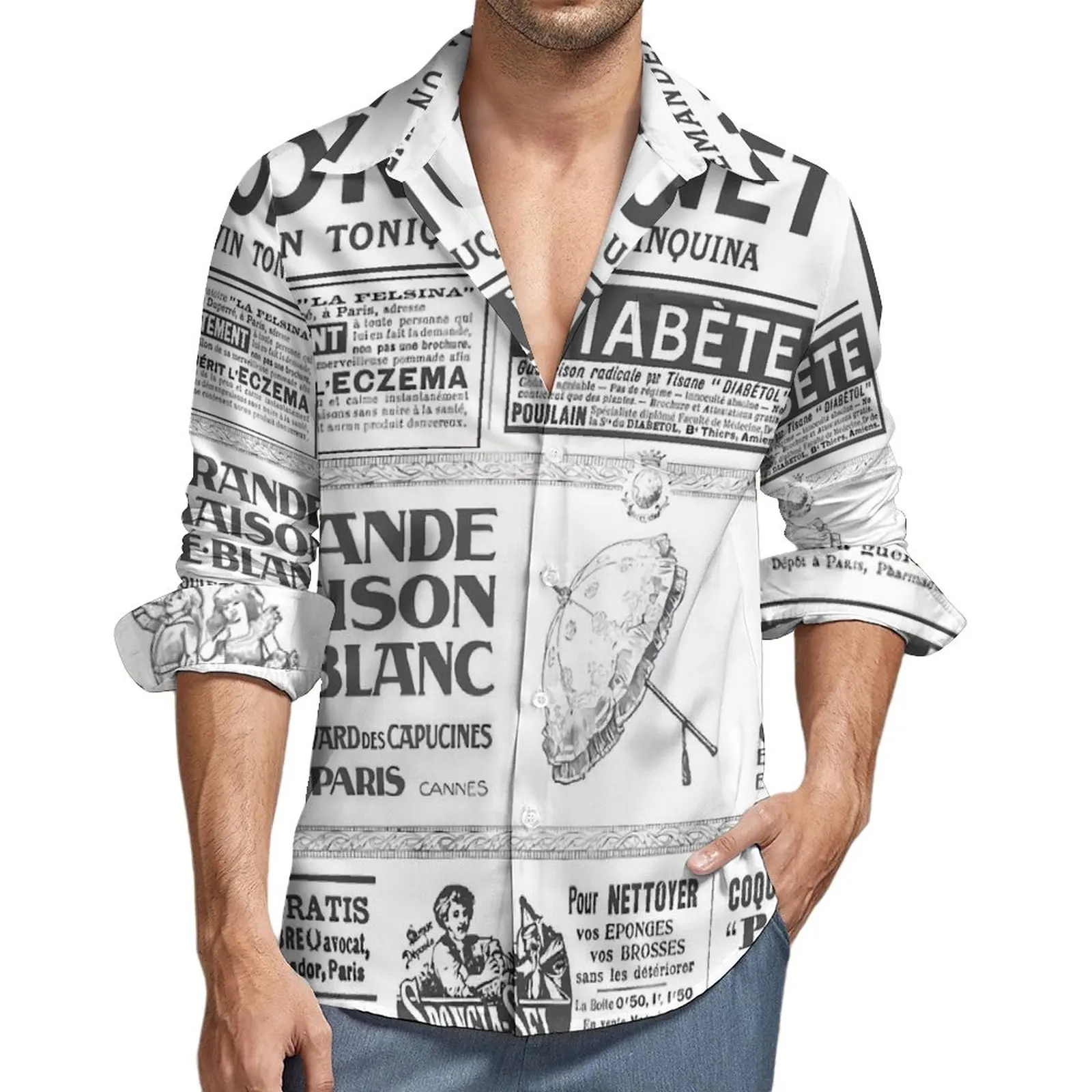 Newspaper Print Shirt Y2K Mens Vintage Advertising Casual Shirts Autumn Custom Blouses Long Sleeve Cool Oversize Clothing Gift