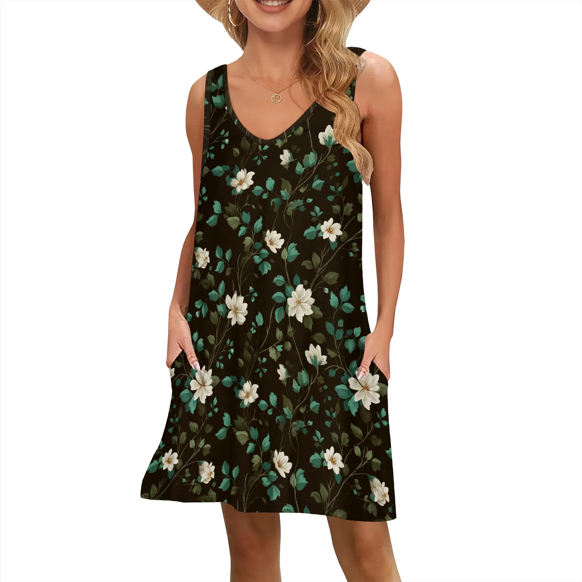 فستان تي شيرت صيفي كاجوال للنساء بياقة على شكل V فستان صيفي قصير مع جيوب