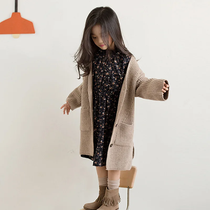 Girls' Sweater Cardigan New Autumn Outfit New Korean Version Medium Size Children's Medium Length Thick Thread Knitted Jacket