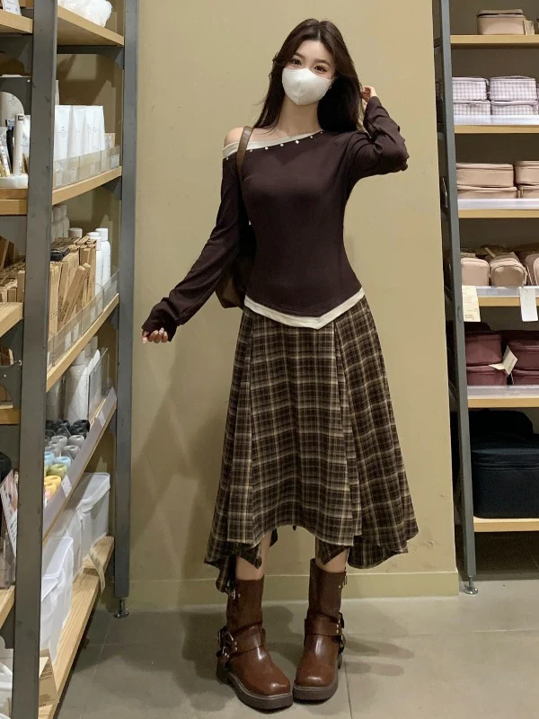 

plus Size Women's Fashion Set with Slant Shoulder Long Sleeve Grid Skirt Two Piece Suite Spring Early 2026 Trendy plus MM Beauty