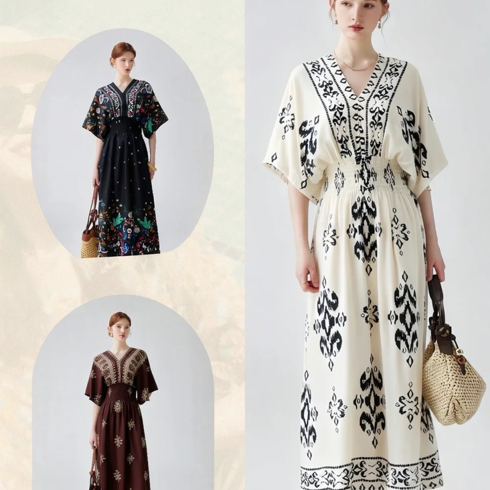 Womens Bohemian V Neck Maxi Dress Floral Printed Batwing Sleeve Loose Rayon Casual Vacation Beach Daily Wear Trendy