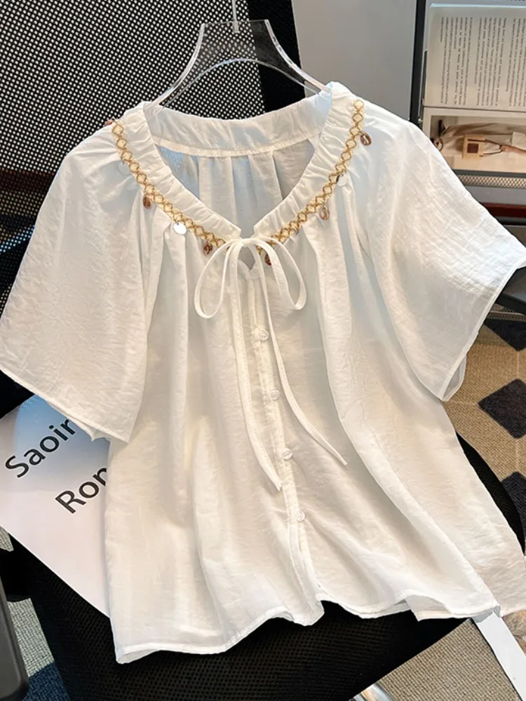 

Рекомендуемый плиссированный V-образный вырез с завязками ort Sve irt Женский летний свободный топ с бахромой в Корейском стиле для поездок на работу и ветер