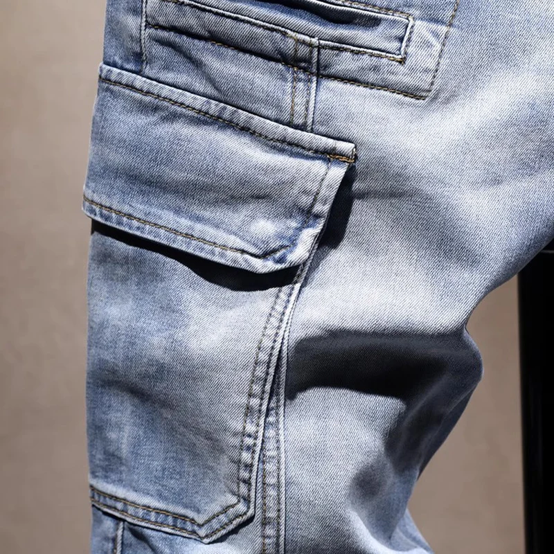 الشارع مصمم الأزياء الرجال الجينز الرجعية الأزرق تمتد سليم صالح متعدد جيوب الدنيم البضائع السراويل Hombre تقسم الهيب هوب السائق الجينز