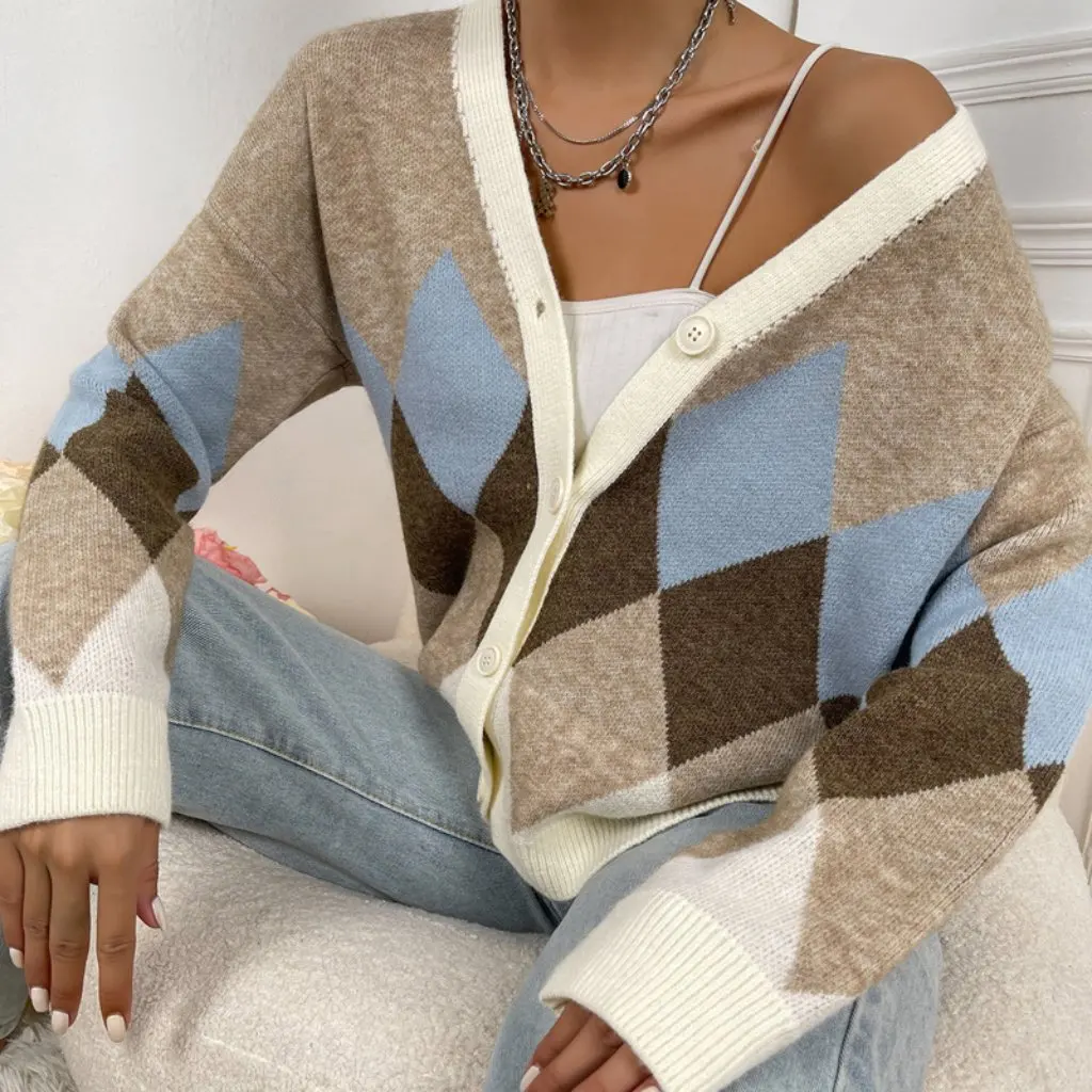 

Women's V-neck Long-Sleeved Cardigan European And American Style Diamond Stitching Loose Sweater Fashion Outerwear
