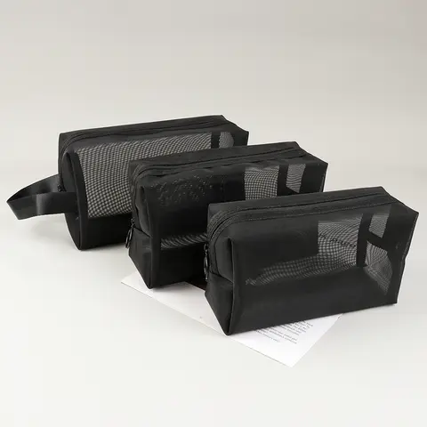3 크기 블랙 메이크업 가방 작은 대형 메쉬 투명 화장품 가방 주최자 화장품 보관 연필 케이스 Neceser 파우치