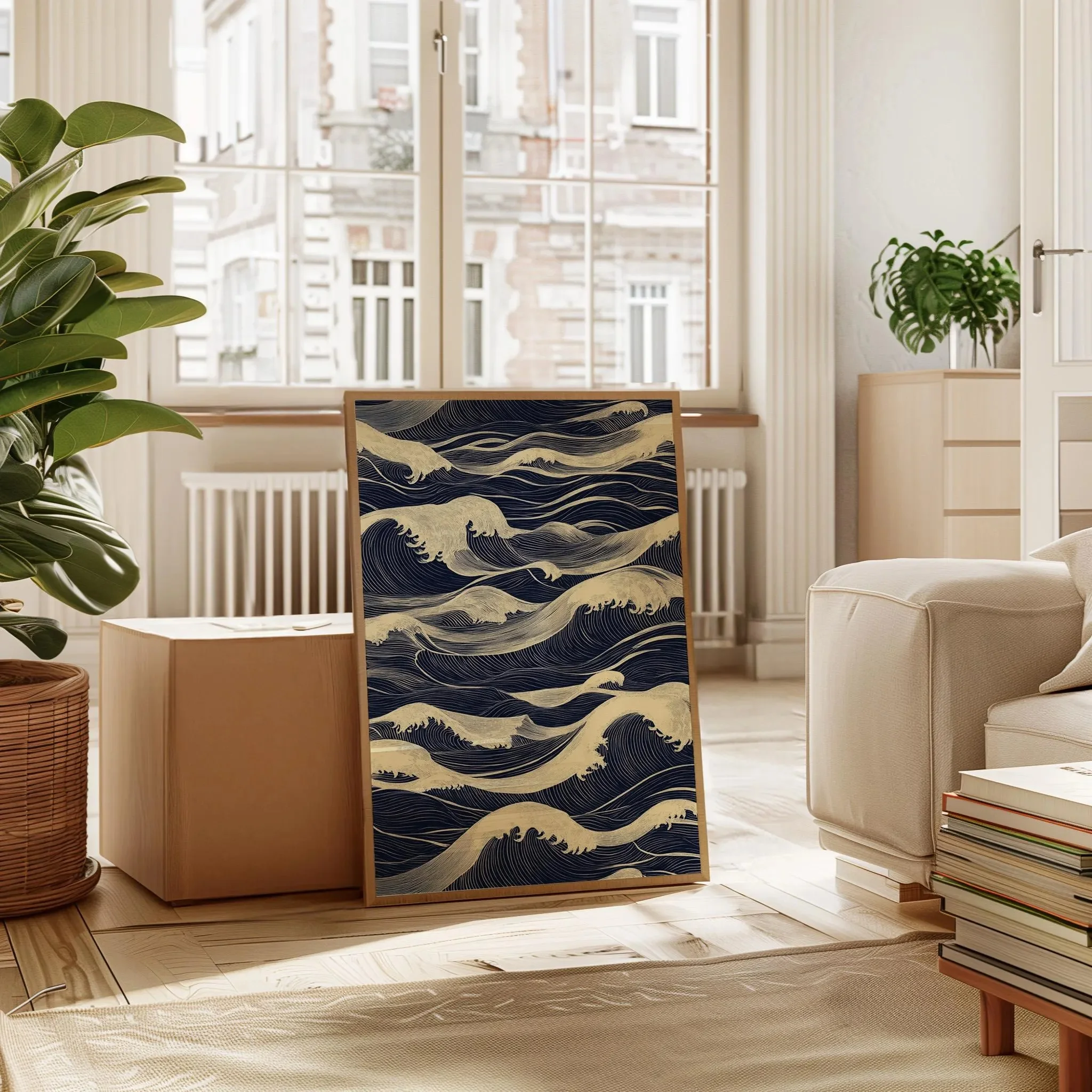 Japoński wzór fal na płótnie, minimalistyczna grafika oceaniczna w kolorach granatowych i kremowych, estetyka drewnianych wydruków, dekoracja domu.