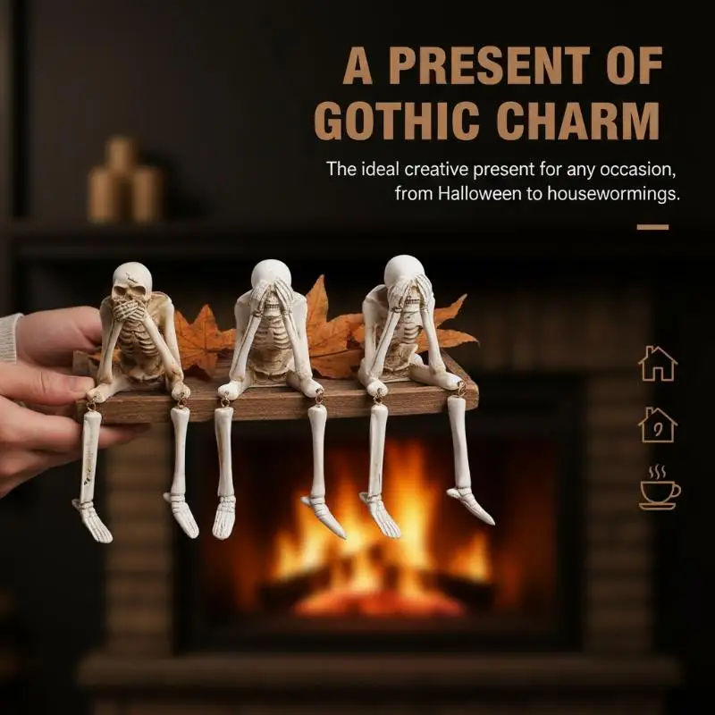 3Pcs Resin See Hear Speak No Skeleton Figurines With Dangling Legs For Halloween Decor