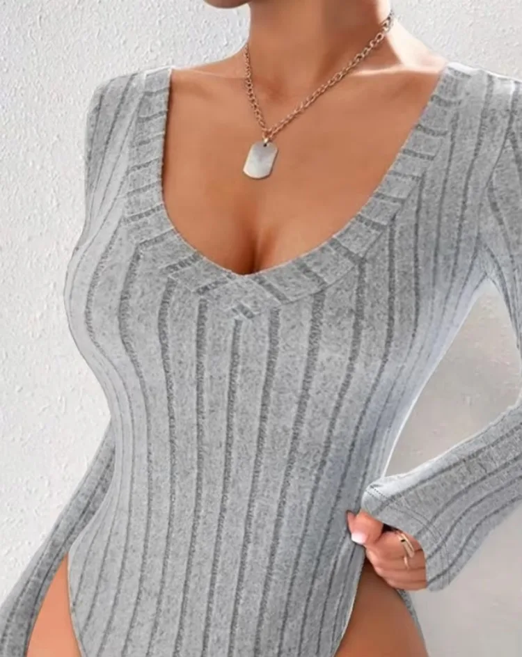 Jumpsuit Women 2024 Summer Fashion V-Neck Long Sleeve Ribbed Casual Plain Skinny Daily Bodysuit Female Short Jumpsuit