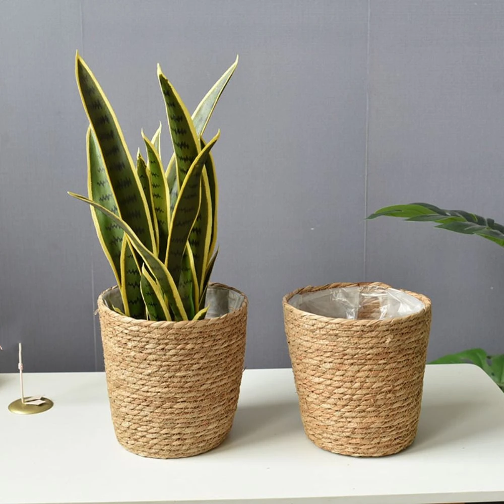 Straw Wicker Woven Planter Basket Handmade Flower Pot Rattan Seagrass Storage Basket Yellow Laundry Storage Basket