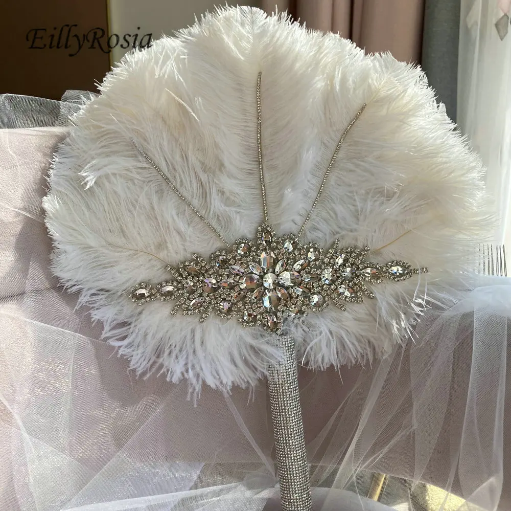 Ellyrosia branco casamento pena fã avestruz alternativa broche bouquet noiva personalizado cor grande gatsby 1920s fã bouquet