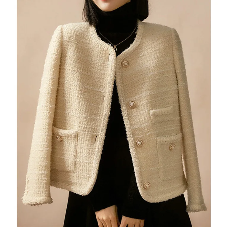 

Beige tweed coat elegant 2024 spring new women's classic coat