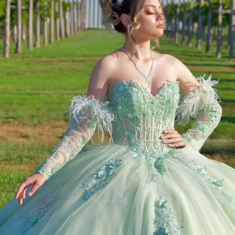 Light Green Ball Gown Quinceanera Dress 2025 Detachable Sleeves XV Floral Princess Vestidos De 15 Años Birthday Sweet 16 Dress