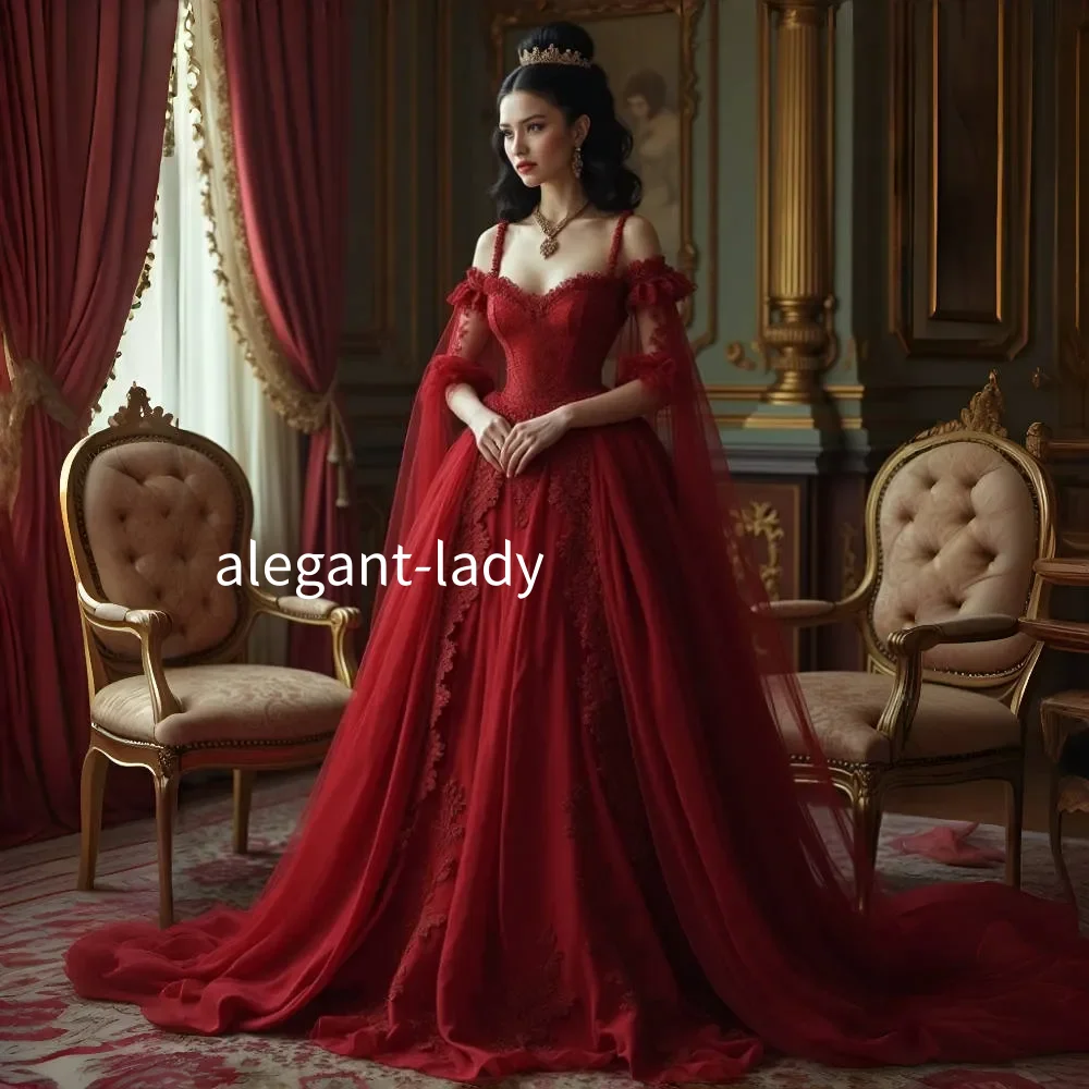 

Vintage Dark Red Princess Prom Dresses Spaghetti Straps Removable Sleeves Lace Appliques Long A-Line Victorian Medieval Custom