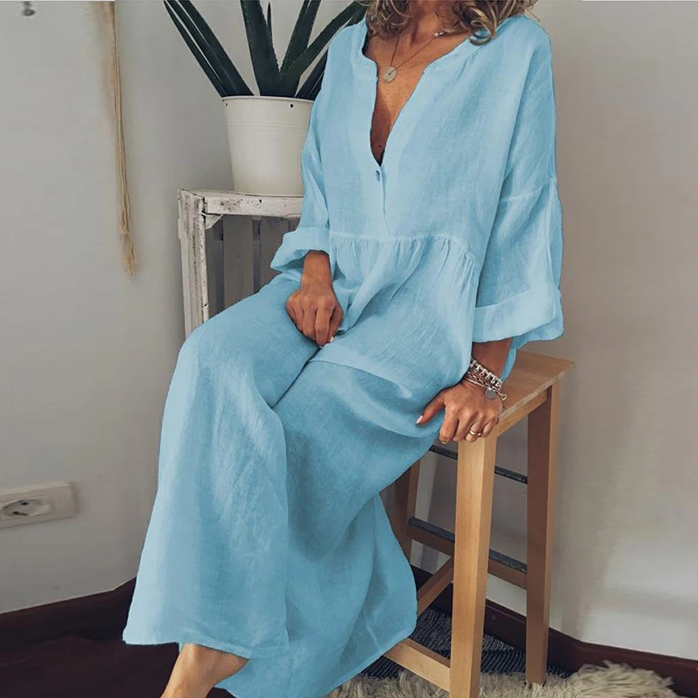 Robe longue en coton et lin pour femmes, couleur Pure, décontractée, chemise à manches courtes, vêtements de plage, Y2K, été, 2023