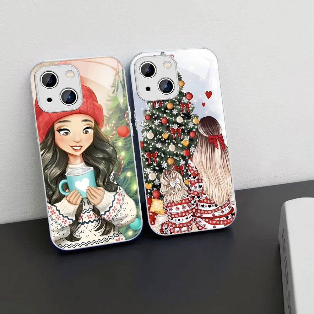 Beautiful Girl Merry Christmas Phone Case Tempered Glass For Iphone 14 13 12 11 Pro Mini XS MAX 14Plus X XS XR Fundas