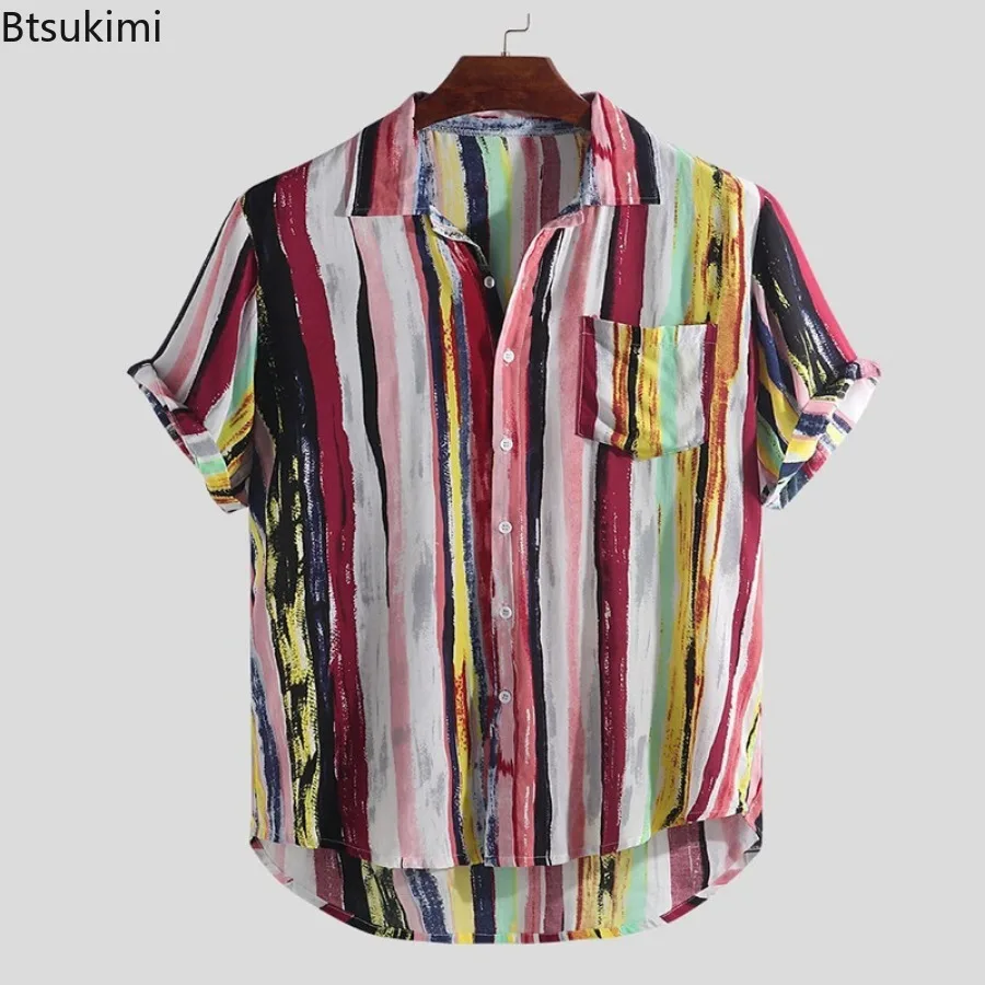 Summer Men\'s Short Sleeve Cotton Shirts Street Style Men Casual Holiday Tops Trend Striped Print Loose Beach Shirts Male Blouses