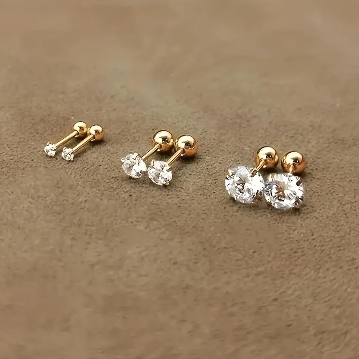 1 Pair or 3 Pairs Stainless Steel Golden Tiny CZ Stud Earring Four-claw Twisted Ball Zirconia Piercing Earrings for Women Men
