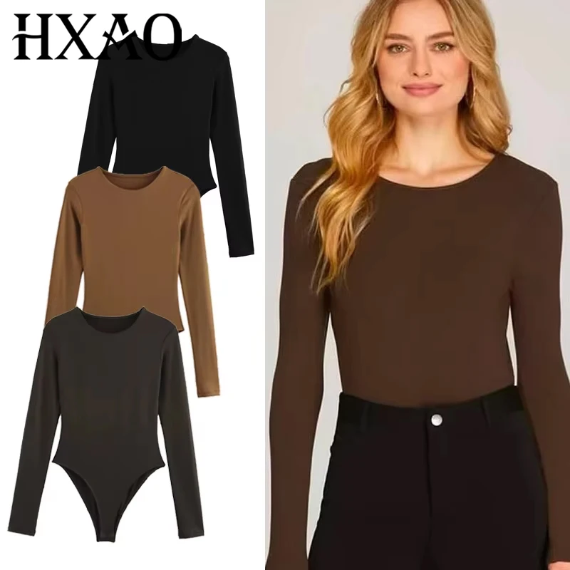 HXAO 2025 Body marrón para mujer, Body Sexy de primavera para mujer, Body de manga larga para mujer, Body negro de LICRA, tangas de resort, Rave Oufit
