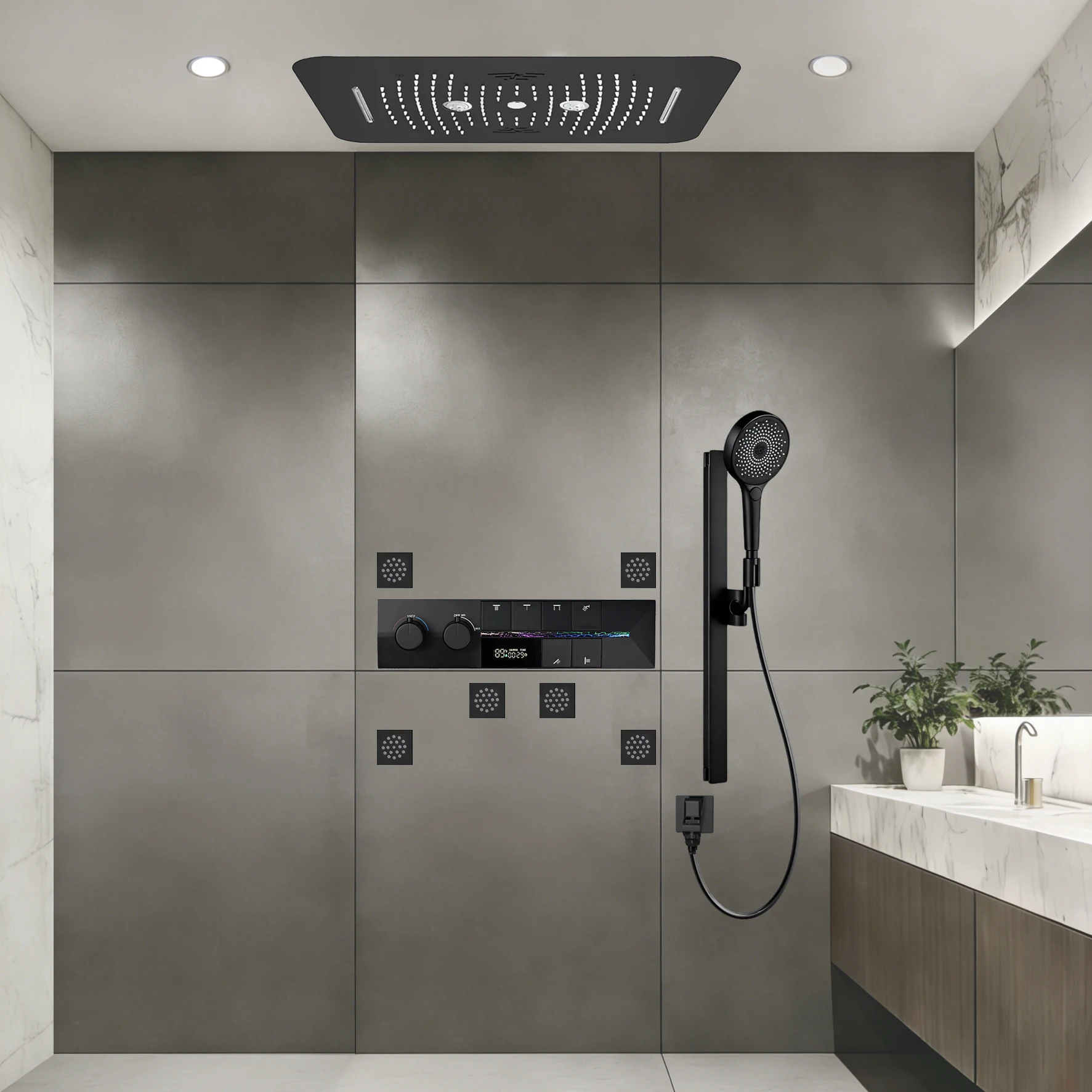 

Qlonn Bathroom Luxury Showers Set 580*380mm Embedded LED Shower Head Smart Thermostatic Diverter Massage 2 Functions Body Jet