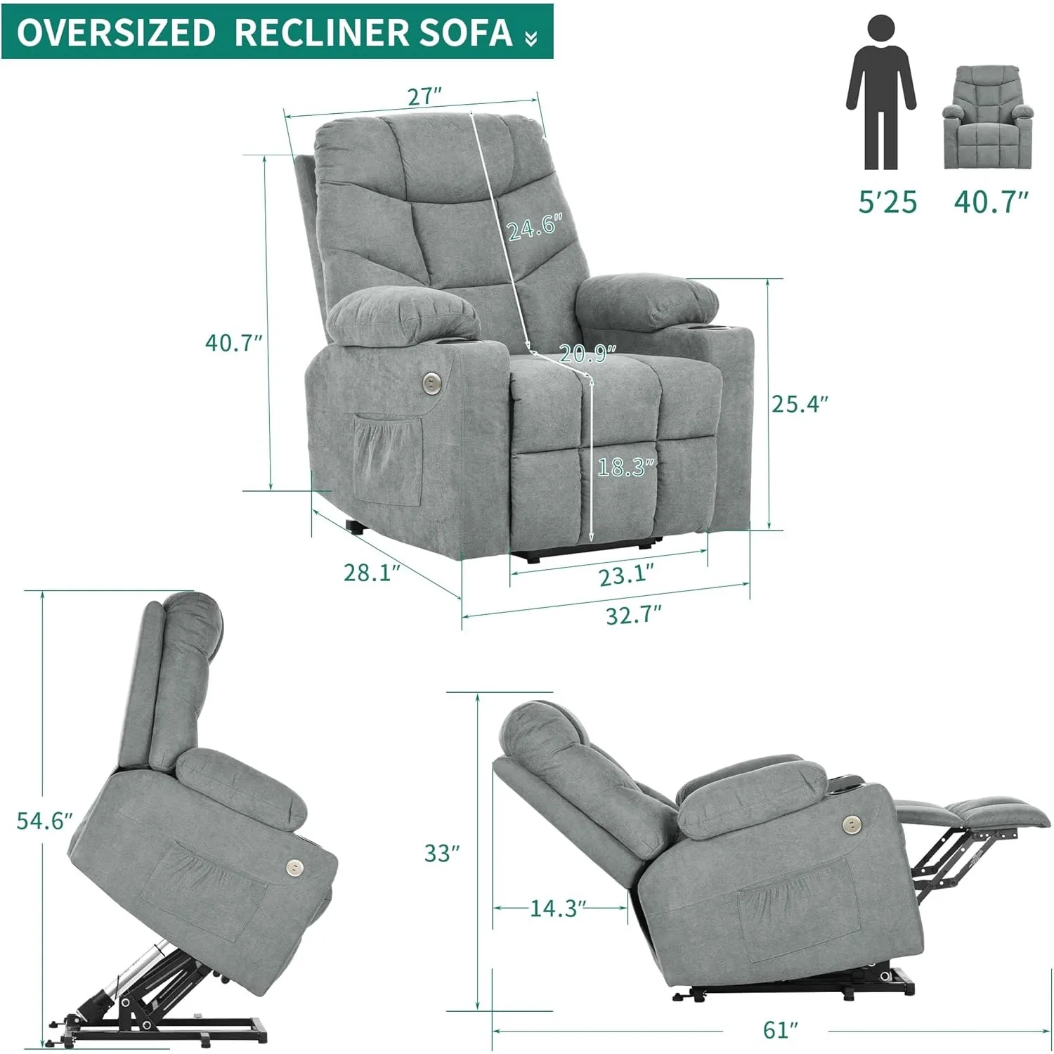 Electric Power Lift Recliner Chair, Fabric Recliner Chair w/ Massage & Heat,USB Ports, Cup Holders, Side Pockets, (Grey)