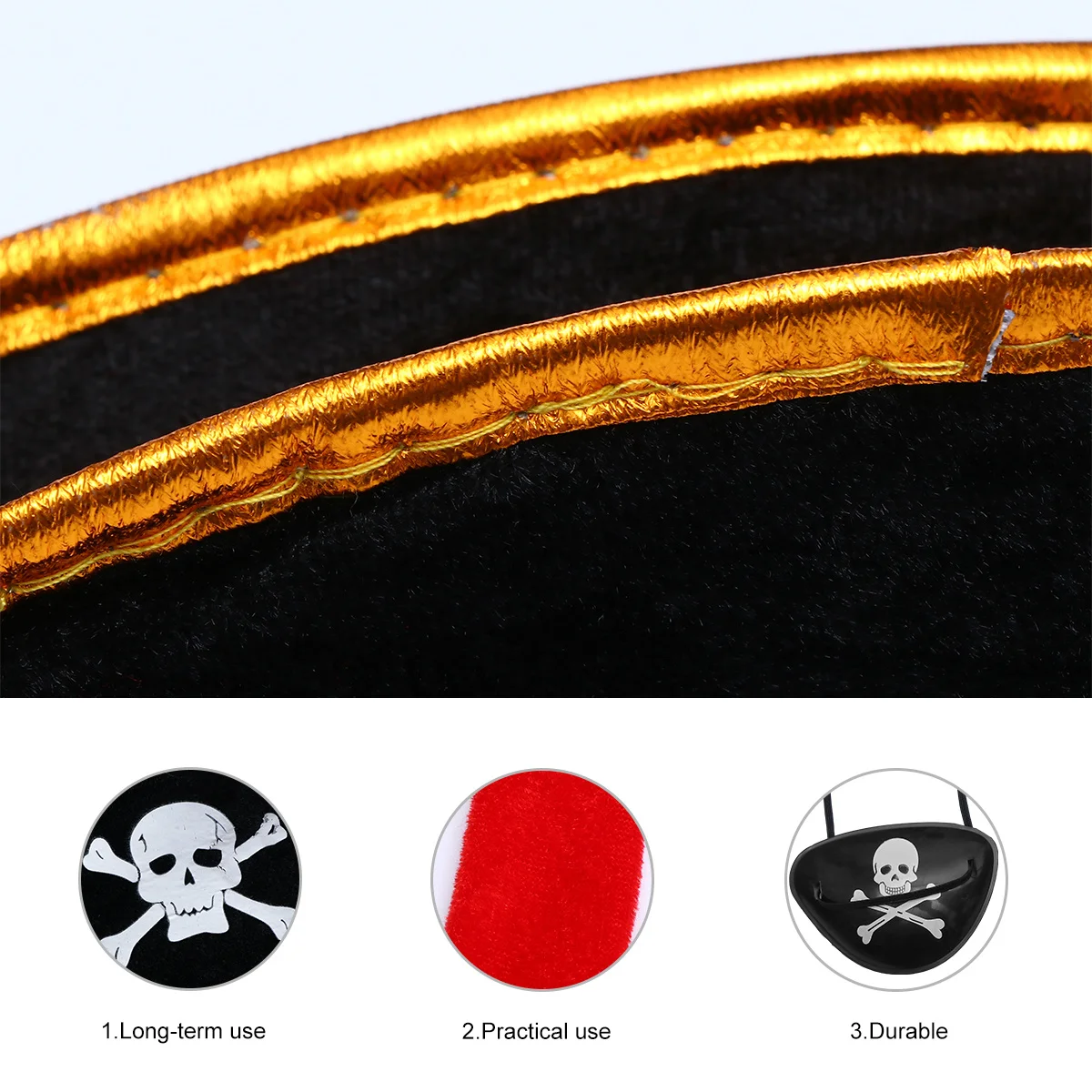 

3Pcs Pirate Hat Suit Black Halloween Cosplay Skull Design Costume Party Pirate Cosplay Accessories Costume Accessories Props