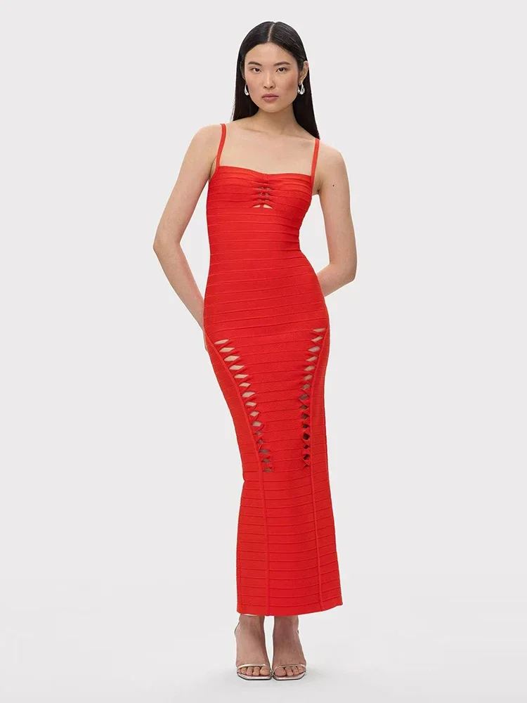 Sexy Spaghetti Hollow Out Ontwerp Bandage Jurk Vrouwen Rode Mouwloze Bodycon Lange Jurken Avondfeest Cocktail