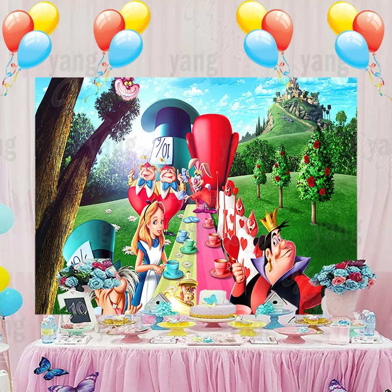 การ์ตูนดิสนีย์เจ้าหญิงเด็กผู้หญิงฉากหลังกลางแจ้ง Happy เอลฟ์ Dinner Party ตกแต่ง Alice In Wonderland พื้นหลังแบนเนอร์