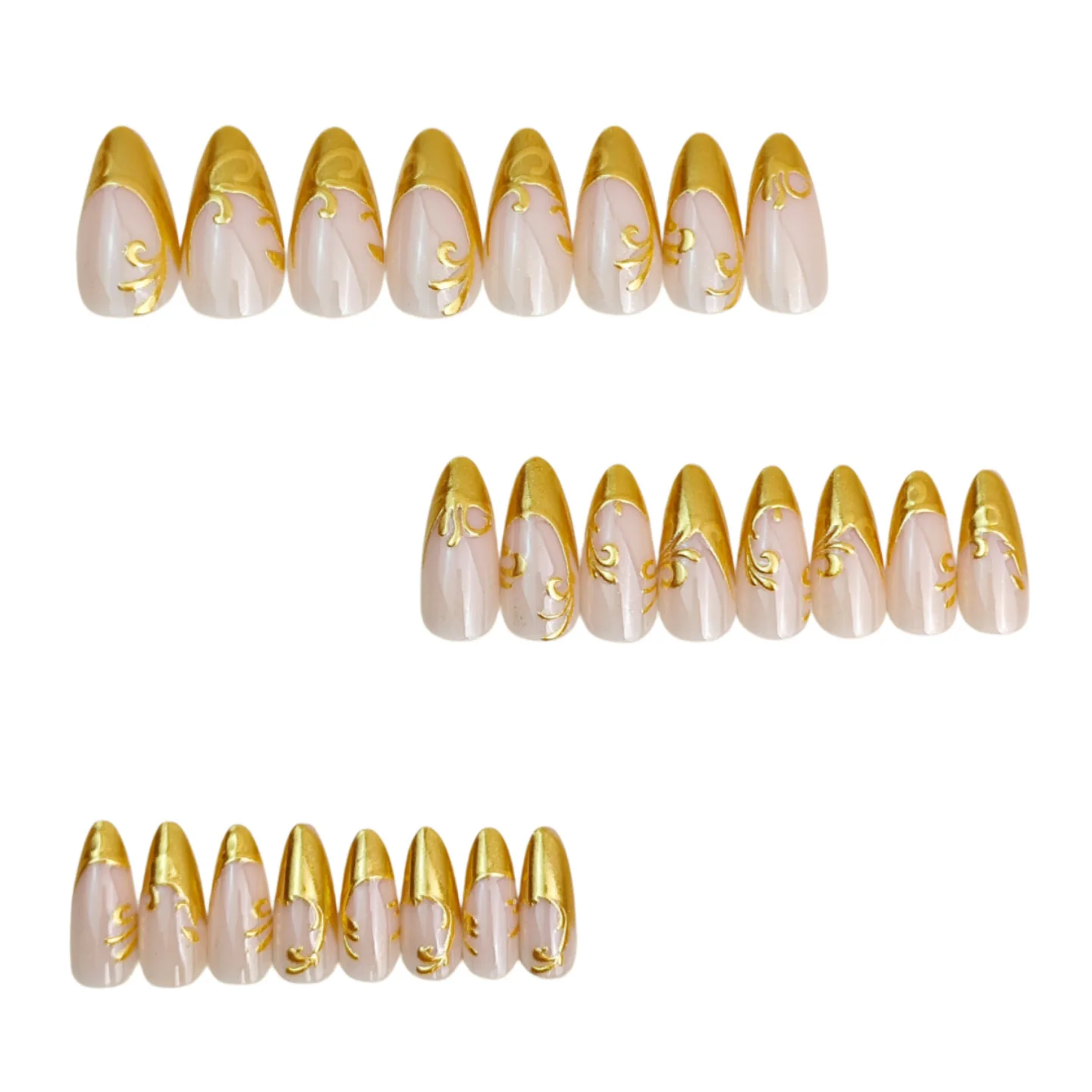 3D Fake Nails for Women Girls Golden Gilding flora Design Nude Almond Shape Reusable Artificial Nails Set Full Cover Press on