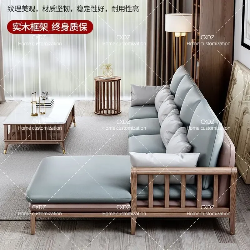 Solid wood fabric sofa L-shaped small apartment living room four people corner technology cloth straight row Nordic latex