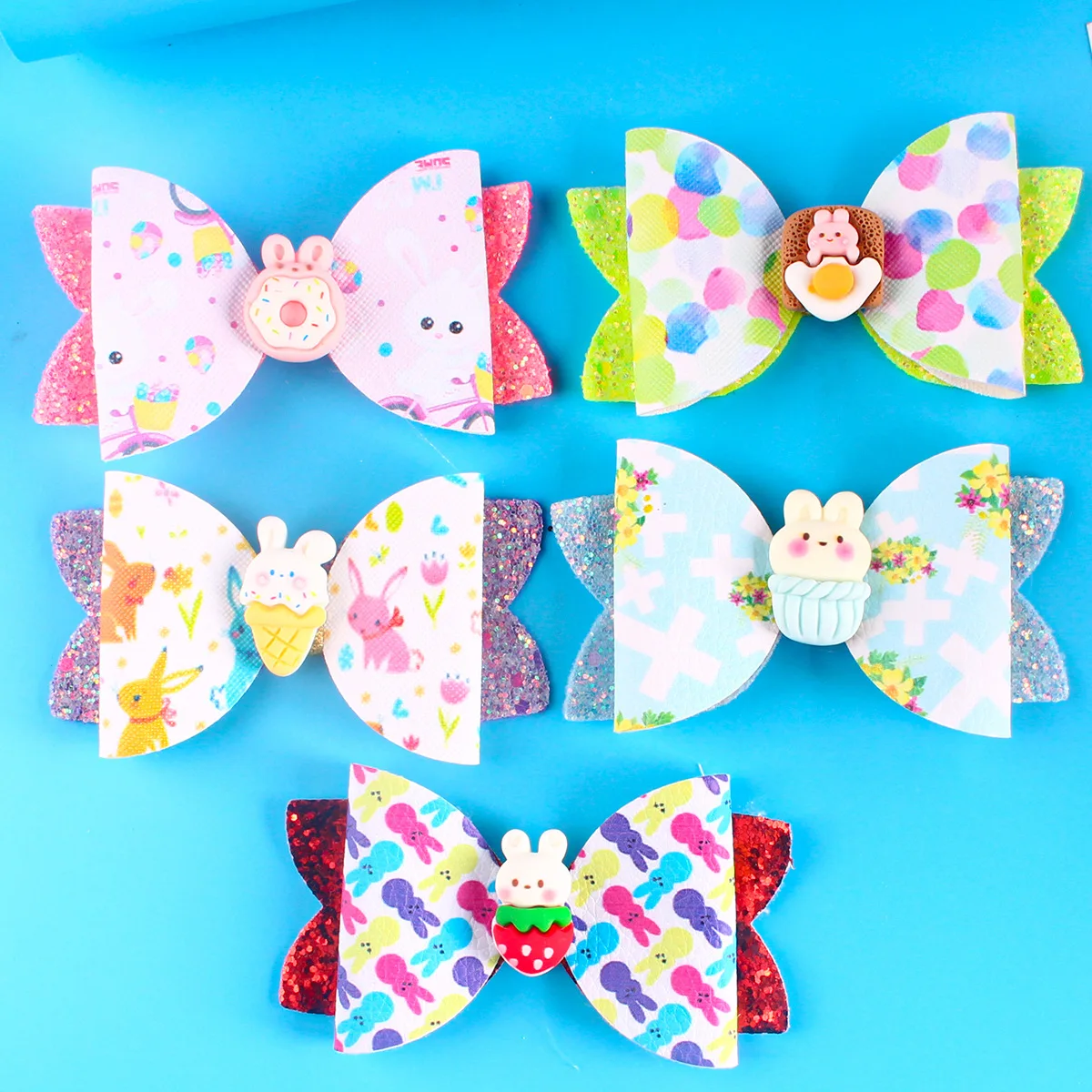 20pcs Glitter Rabbit Bowknot Hairpins Bunny Print Bow Barrettes Fashion Easter Headwear Boutique Hair Accessories for Girls