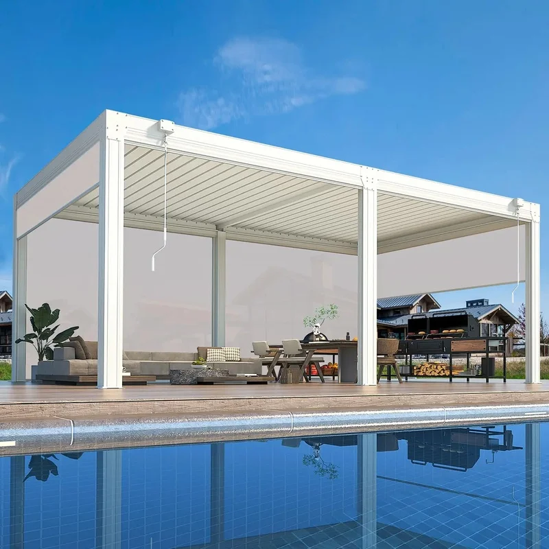 Small Garden Pergola 3x3m-4x6m Gazebo with Powder Coated Aluminum Construction Retractable Roof & Side Panels Balcony Use