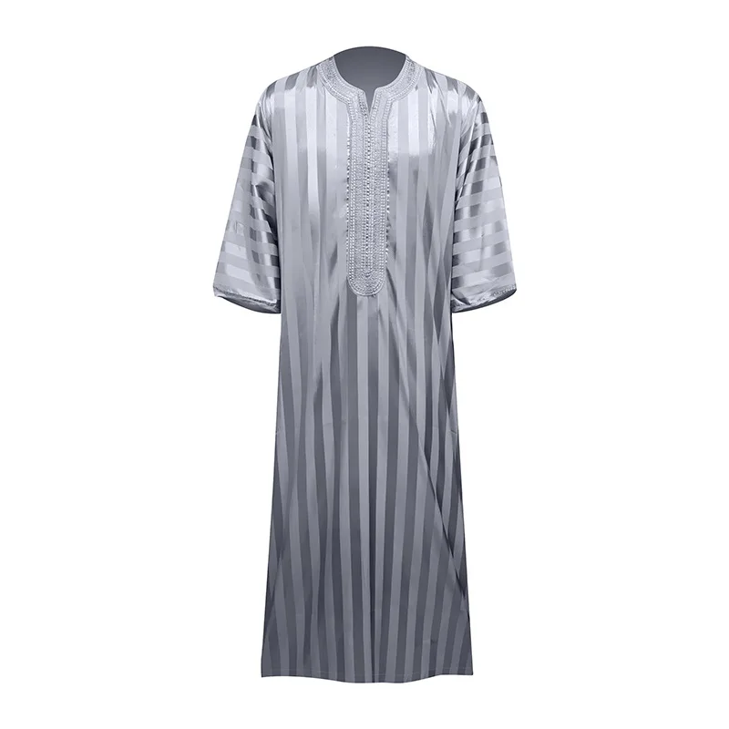 Vintage Loose Muslim Men\'s Abaya Robe Short Sleeve Fashion Jubba Thobe Men\'s Casual Striped Embroidered Islamic Clothing