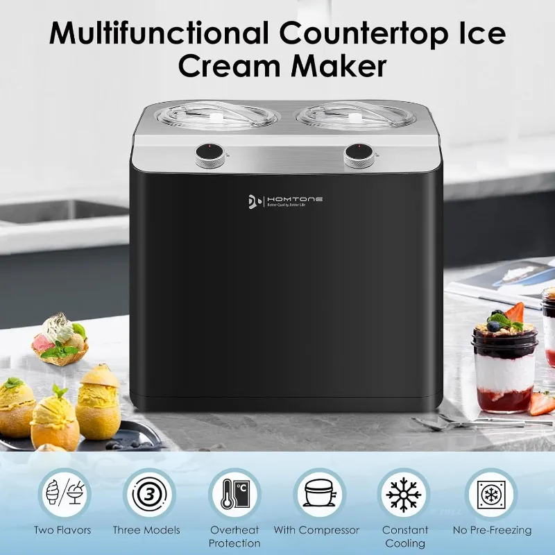 2 Flavor Ice Cream Maker,Automatic Compressor Ice Cream Maker Machine with 2 Bowls,2 x 1.3qt No Pre Freezing, Electric Gelato