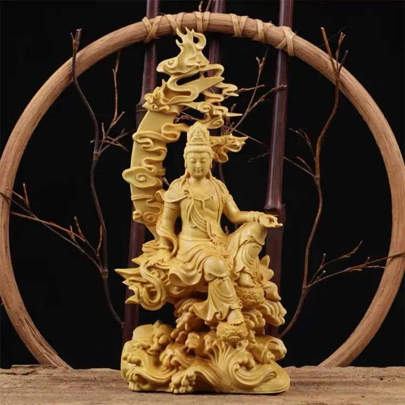 China Box-Wood Hand Carved Buddhism Water Moon Kuan-Yin Kwan-Yin Guan Yin Statue