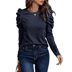 Fashion Women Blouse Top O Neck Solid Color Puff Sleeve Pullover Casual Long Sleeve Loose Commuter Women Clothes blusa feminina