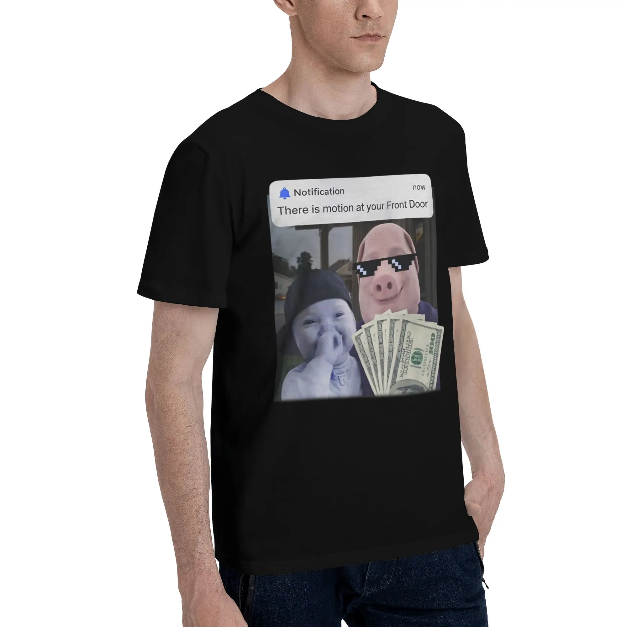 There is Motion At Your Front Door John Pork AI Baby Meme Funny 100% Cotton T-Shirt  Tops Tees For Men