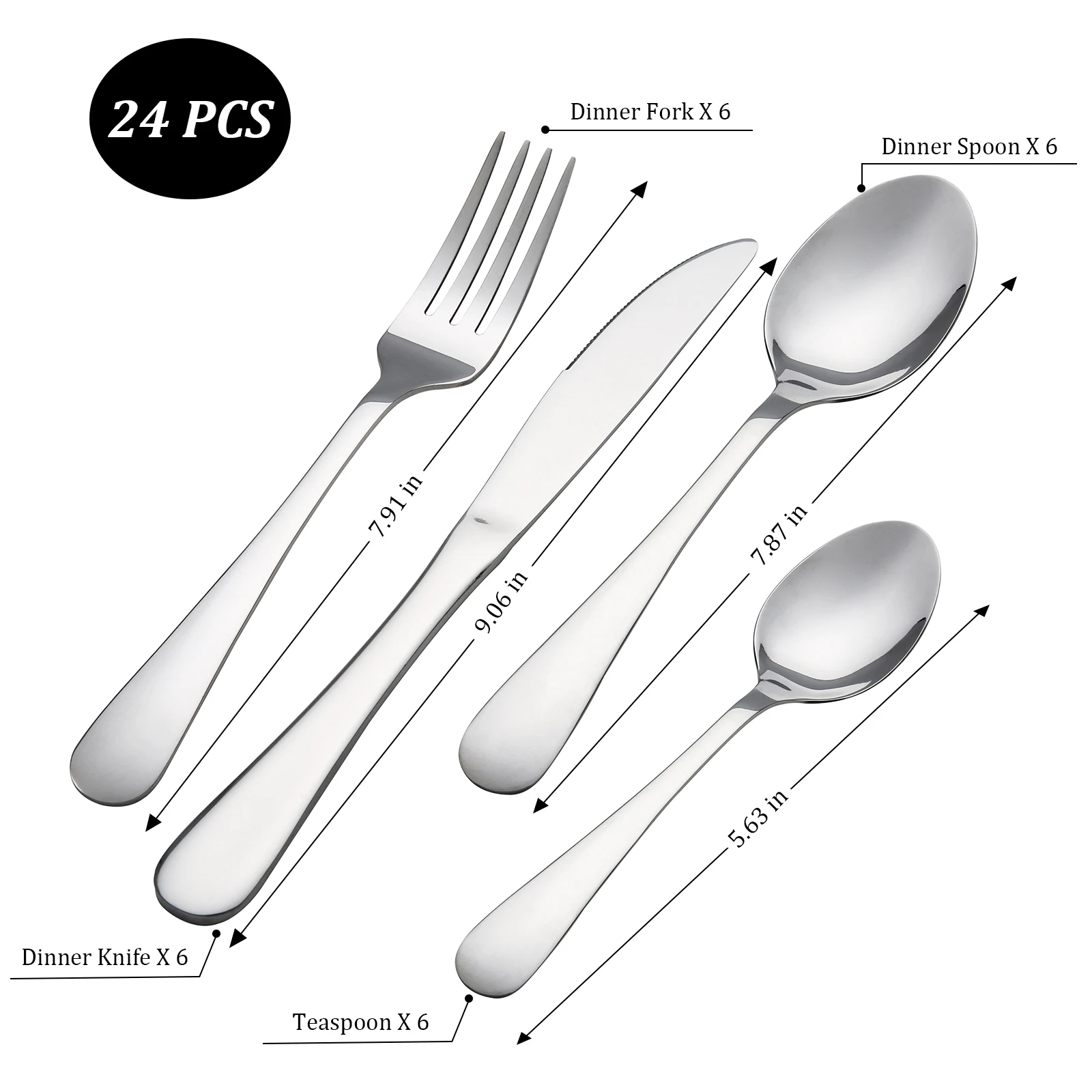 24PCS Silverware Set Stainless Steel Flatware Set, Service for 6, Includes Knife Fork Spoon Cutlery Set, Dishwasher Safe,