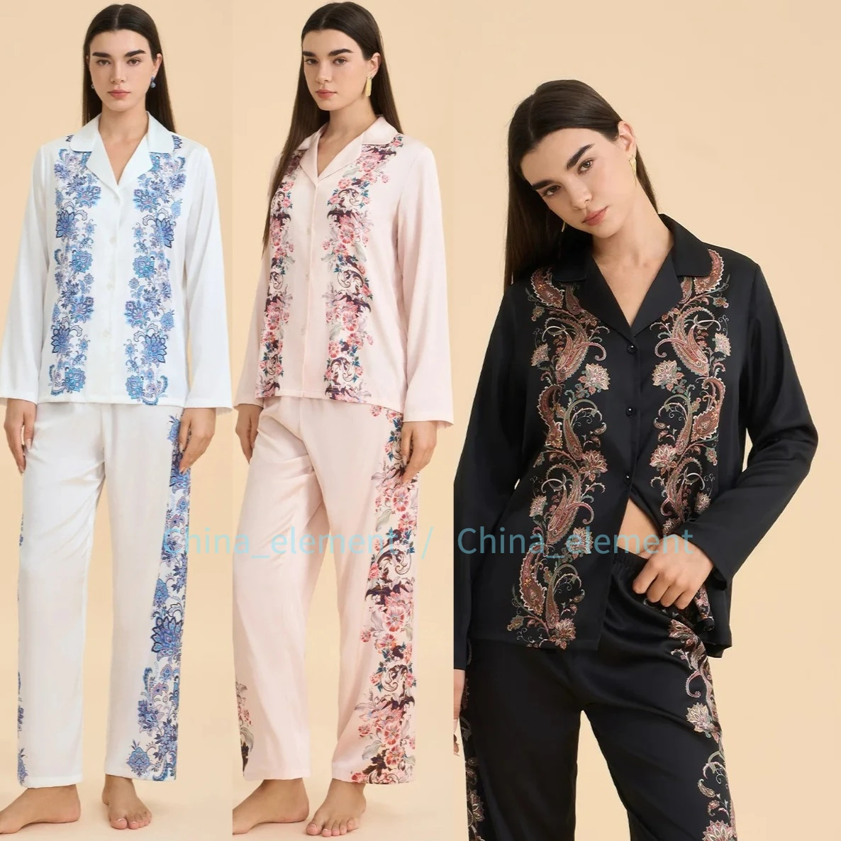 

Женский пижамный комплект с принтом, домашняя одежда, весенне-летний женский пижамный костюм с длинными рукавами и брюками, атласная одежда для сна и отдыха
