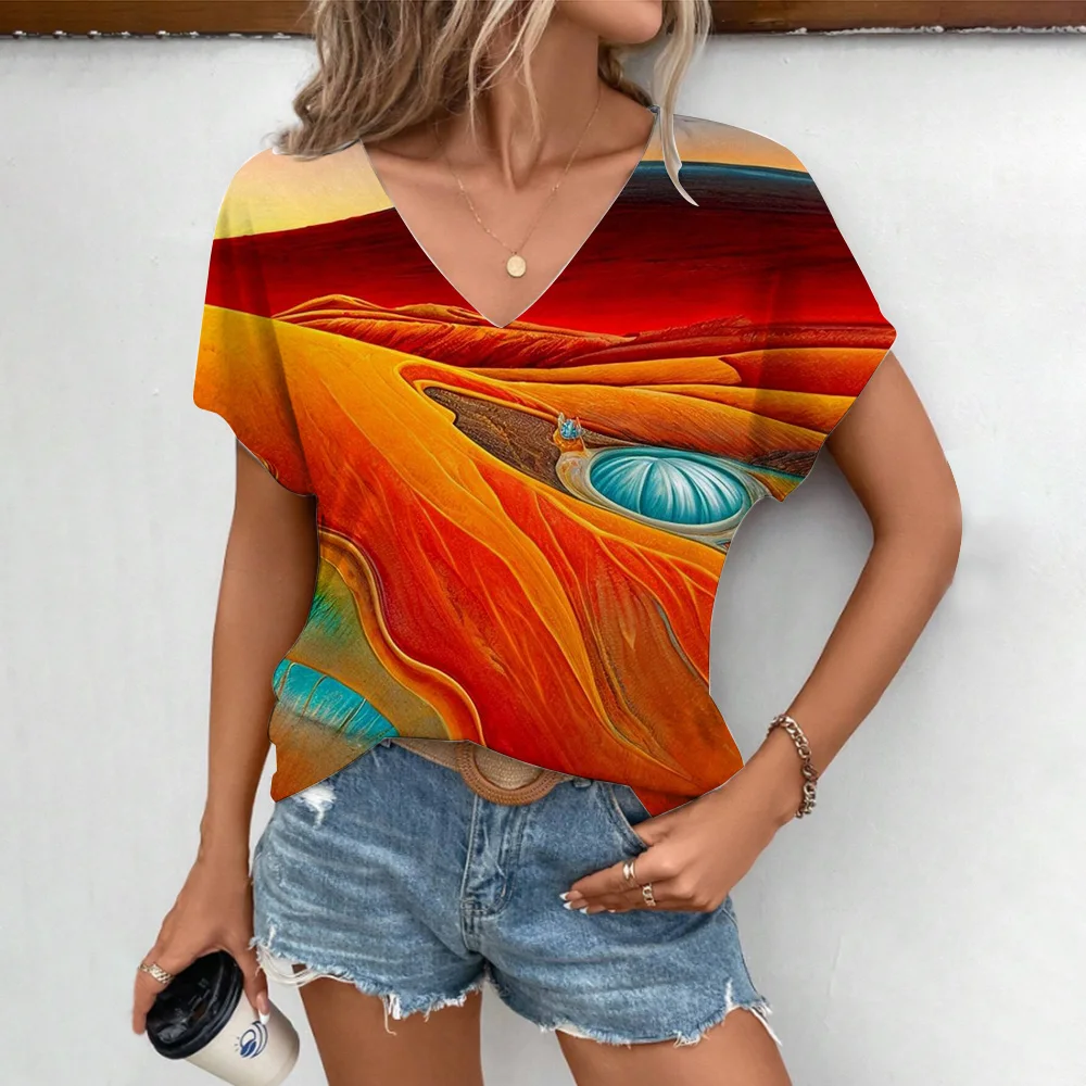 Fashion Art T-shirt Western Desert Pattern Print Leisure Elegant Short Sleeved V-neck T-shirt 2024 Summer Daily Dressing T-shirt