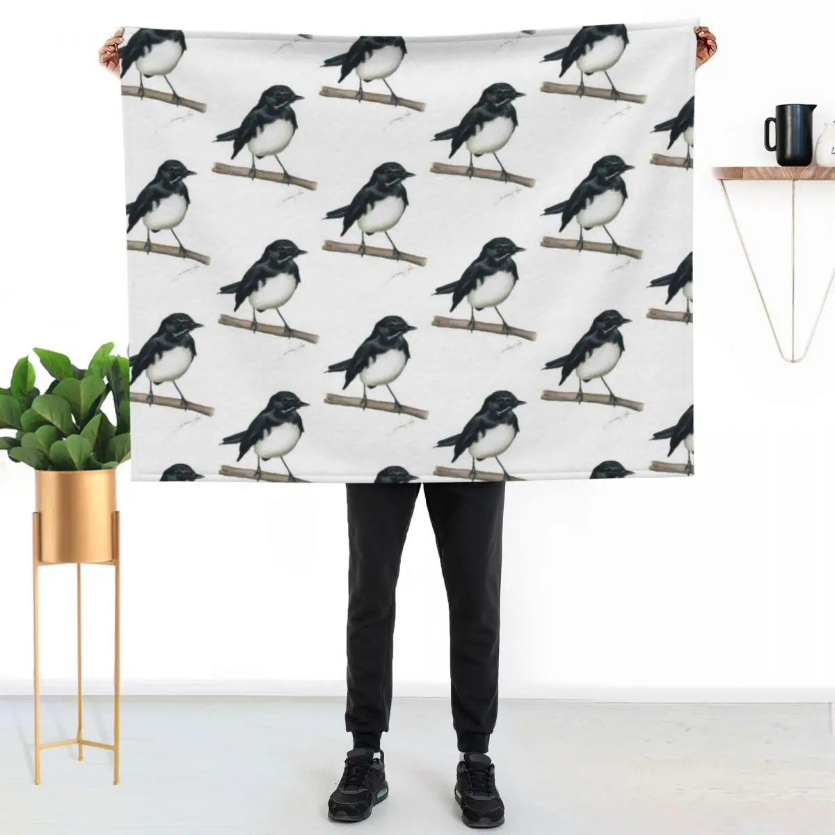 Willie Wagtail bird art with signature. Lovely little black and white bird gifts! Throw Blanket Flannel Fabric anime Blankets
