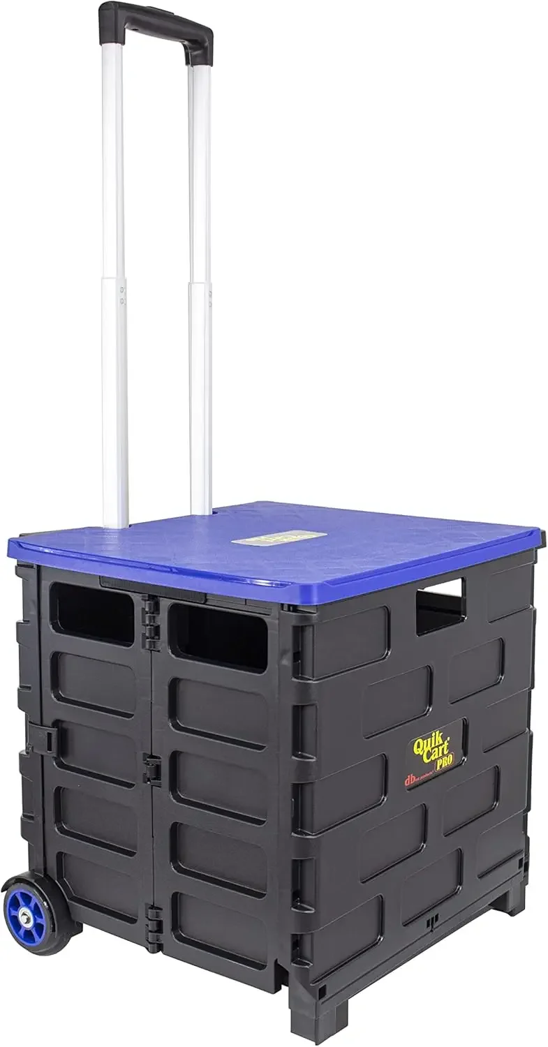 products Quik Cart Pro Wheeled Rolling Crate Teacher Utility with seat Heavy Duty Collapsible Basket with Handle, Blue