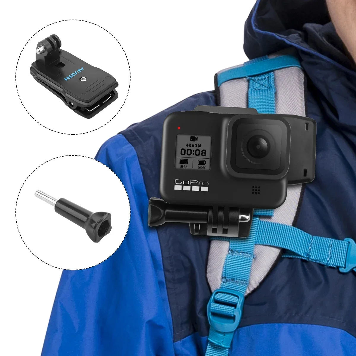 Afaith 360 도 회전 배낭 클립, 고프로 히어로 13 12 11 10 9 8 DJI OSMO 액션 5 4 3 Insta360 모자 벨트 배낭 클램프
