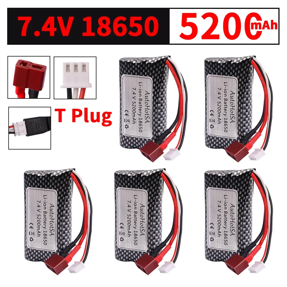 Batería de iones de litio 18650, 7,4 V, 5200mAh, T Pulg para Wltoys 10428 /12428/12423 RC, piezas de coche, batería para Wltoys 144001 A959-B A969-B Q46
