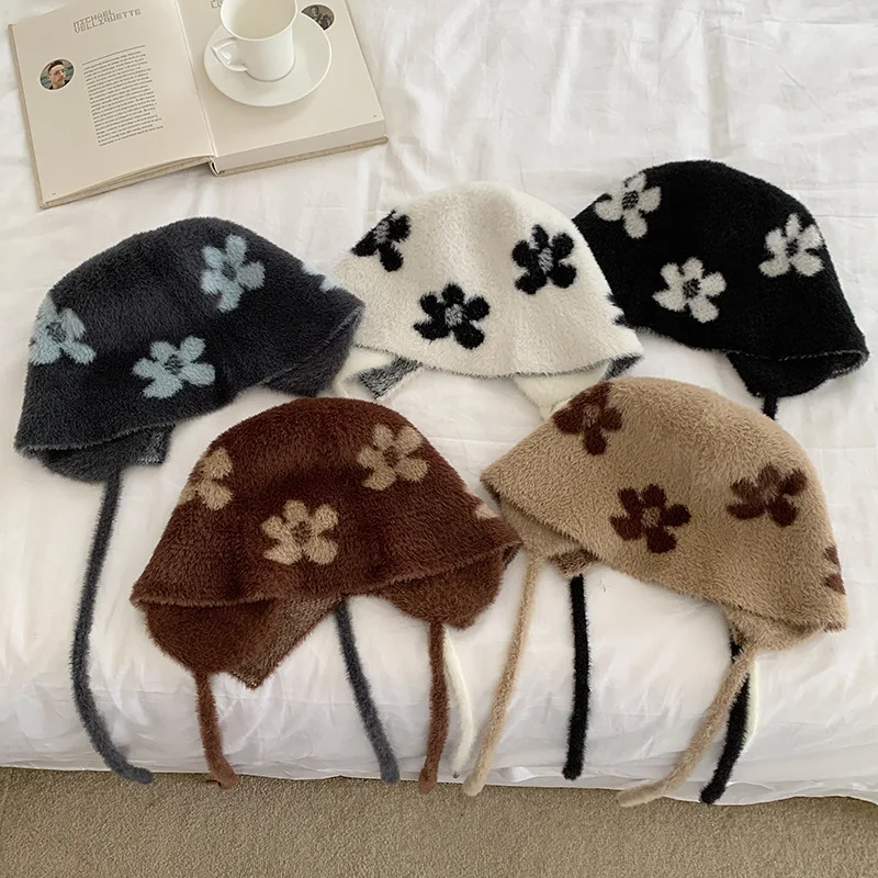 Korean Style Cute Flower Strap Bucket Hat Women Winter Fluffy Plush Casual Versatile Vibe Fisherman Warm Basin Cap