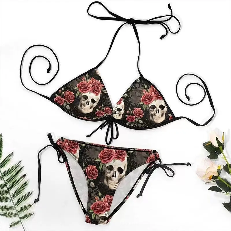 New Sexy Gothic Emo Bikini Women Two-piece Skull Print Bikini Suit Split Bathing Suit High Waist Swimsuit Strap Beach Wear